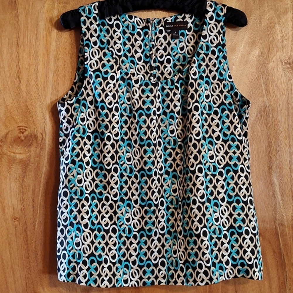 Dana Buchman Silky Sleeveless Back-Zip Blouse Black Teal Beige Pleated Size Med
